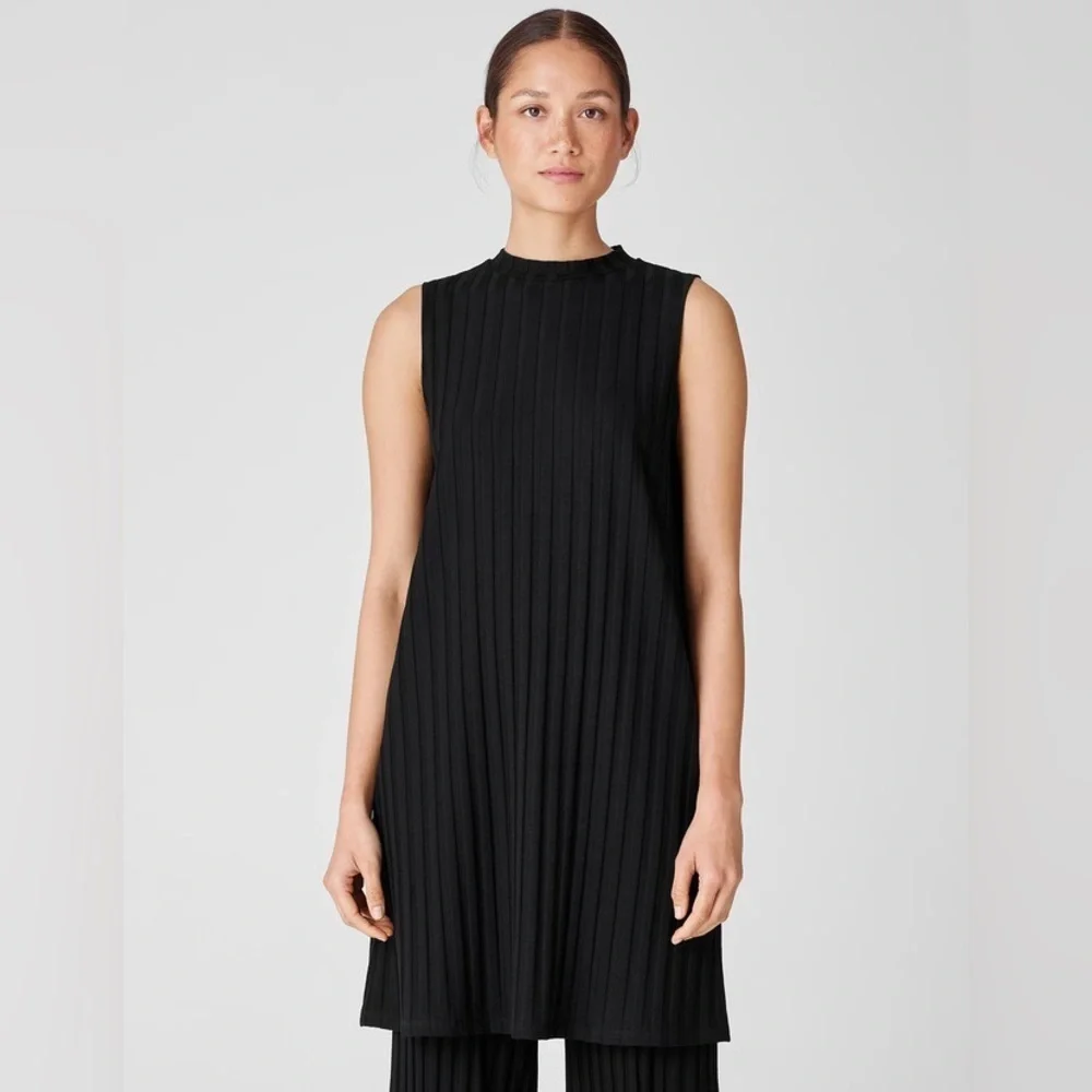 Eileen Fisher System Black Wide Rib Stretch Mock Neck Sleeveless Dress NWT Sz M